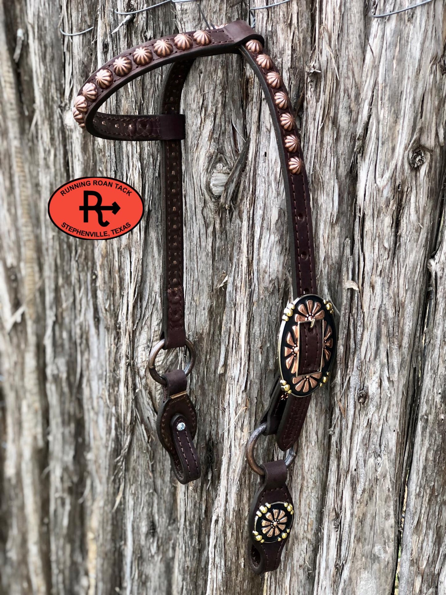 Single Ear Short Gag Ring Headstall with Copper Parachute Dots and Tricolor Daisy Hardware 30"-34"