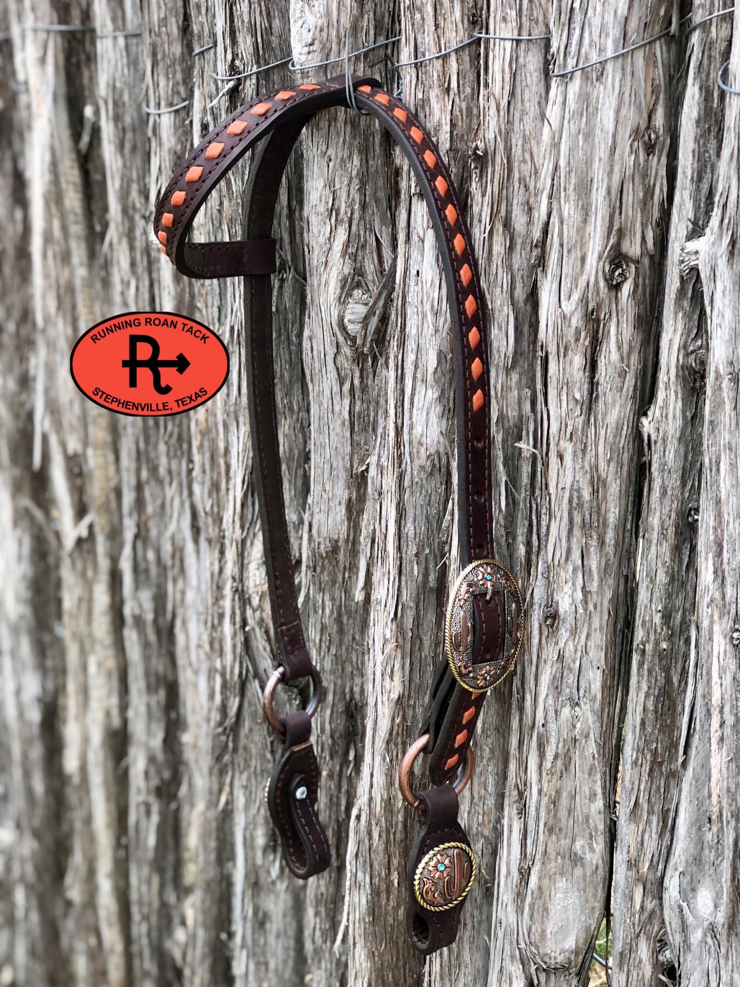 Single Ear Short Gag Ring Headstall with Whisky Buckstitch and Tricolor Desert Hardware 35"-39"