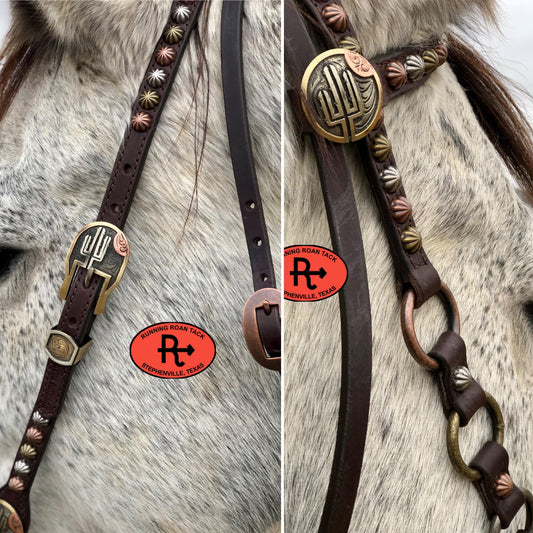 Single Ear with Throatlatch Ring Headstall with German Silver Tricolor Cactus Hardware 38"-42"