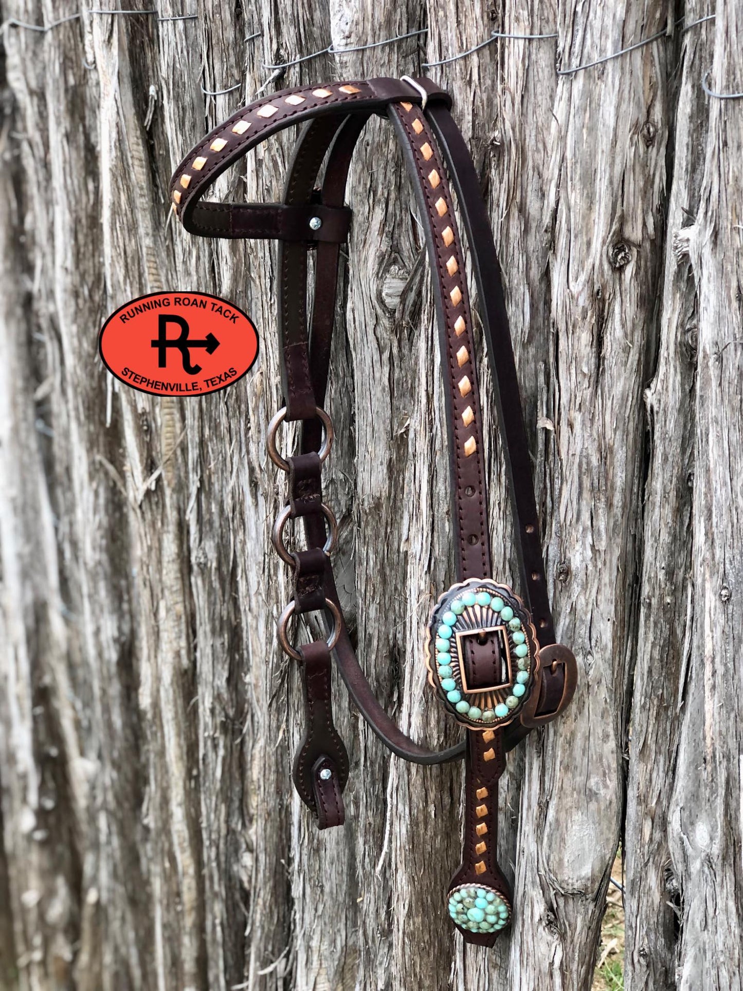 Single Ear with Throatlatch Ring Headstall with Copper Buckstitch and Turquoise Stone Hardware 38"-42"