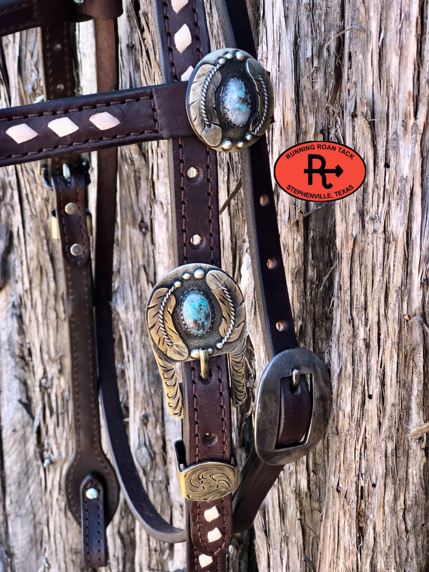 Futurity Knot Browband Headstall with White Buckstitch and German Silver Hardware 36"-43"