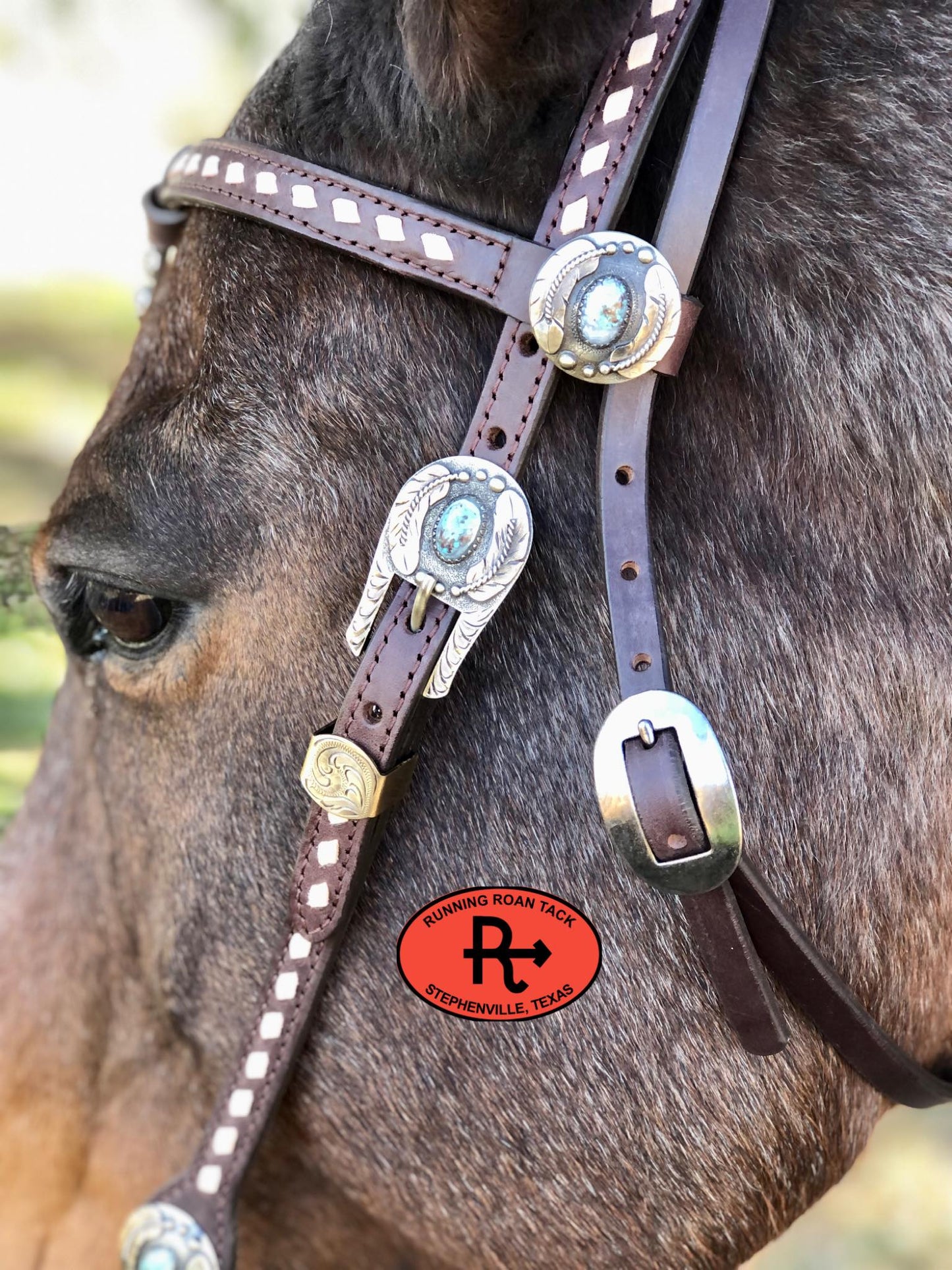 Futurity Knot Browband Headstall with White Buckstitch and German Silver Hardware 36"-43"