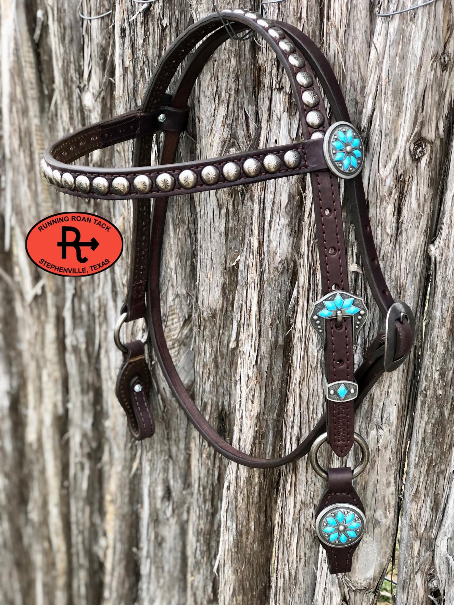 Browband Short Gag Ring Headstall with Antique Silver Cactus Flower Hardware 33"-37"