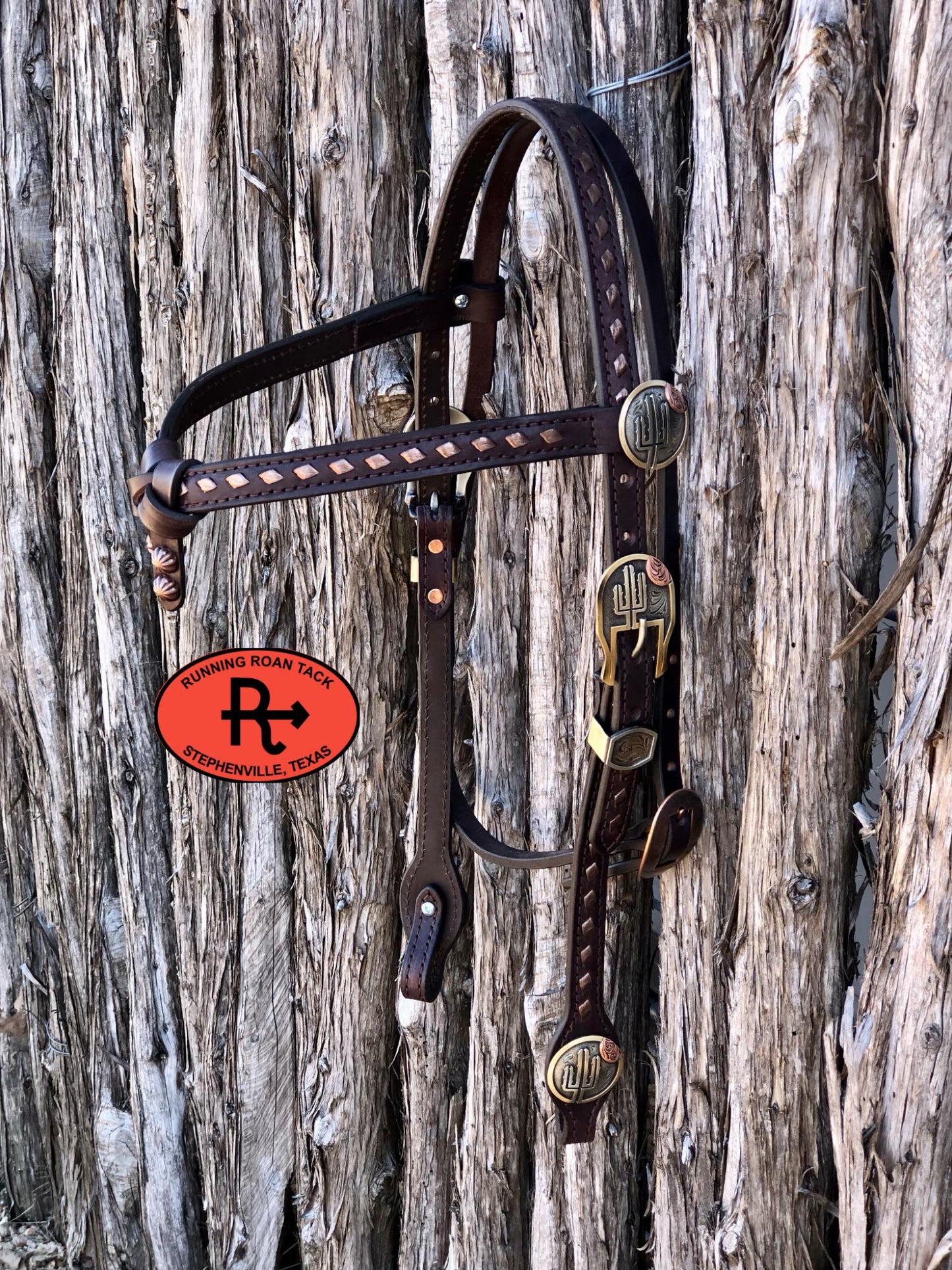 Futurity Knot Browband Headstall with Metallic Bronze Buckstitch and German Silver Cactus Hardware 36"-43"