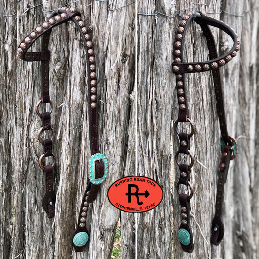 Single Ear Ring Headstall with Copper Patina Dots and Hardware 38"-42"