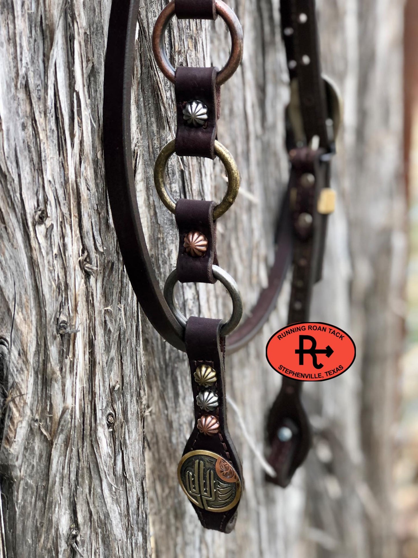 Single Ear with Throatlatch Ring Headstall with German Silver Tricolor Cactus Hardware 38"-42"