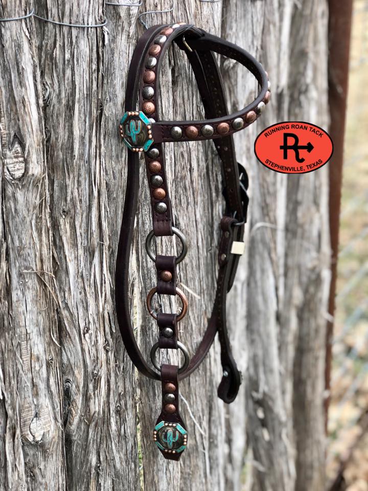 Single Ear with Throatlatch Ring Headstall with and German Silver Cactus Hardware 36"-40"