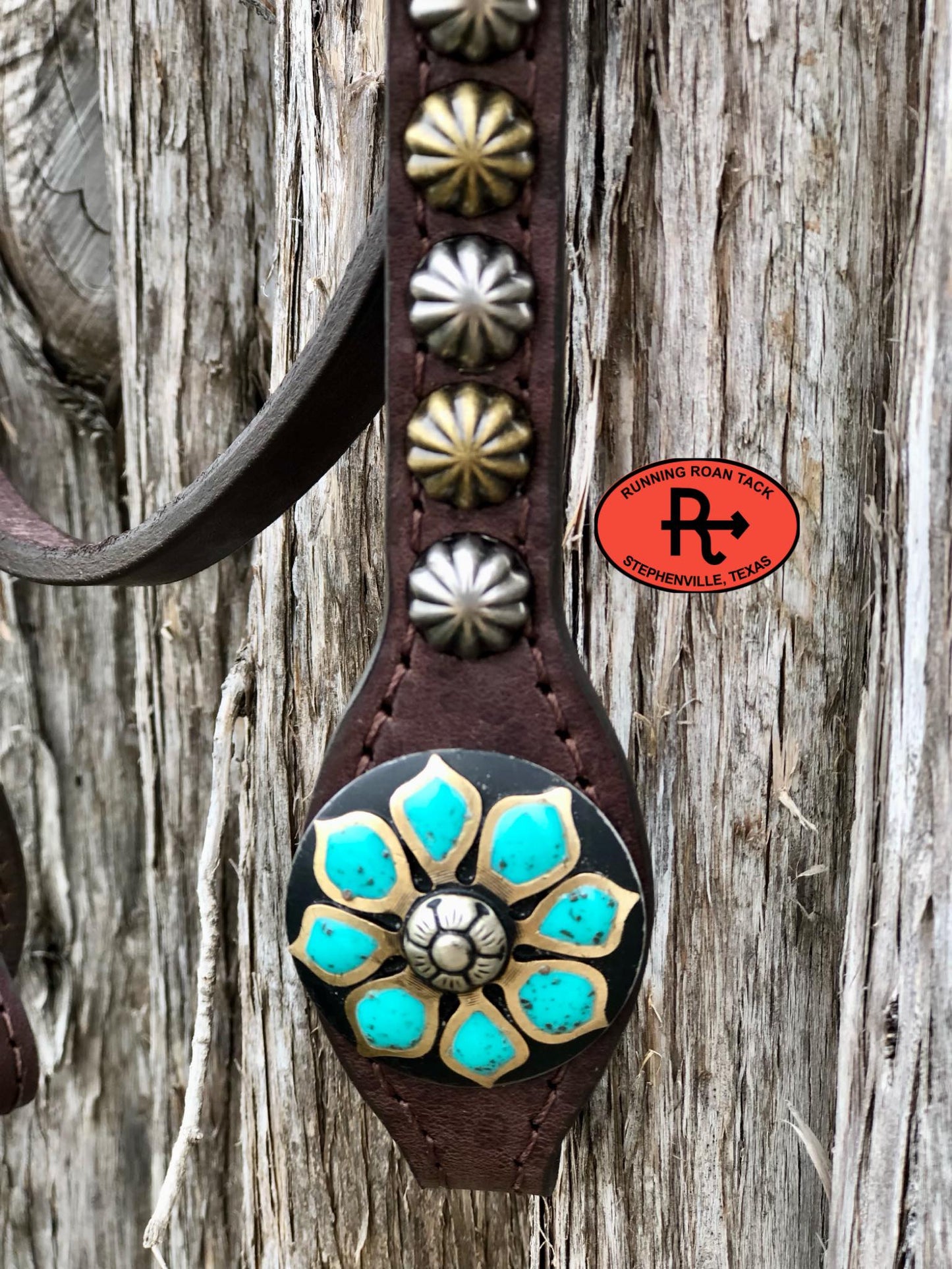 Single Ear with Throatlatch Ring Headstall with German Silver Turquoise Flower Hardware 36"-40"