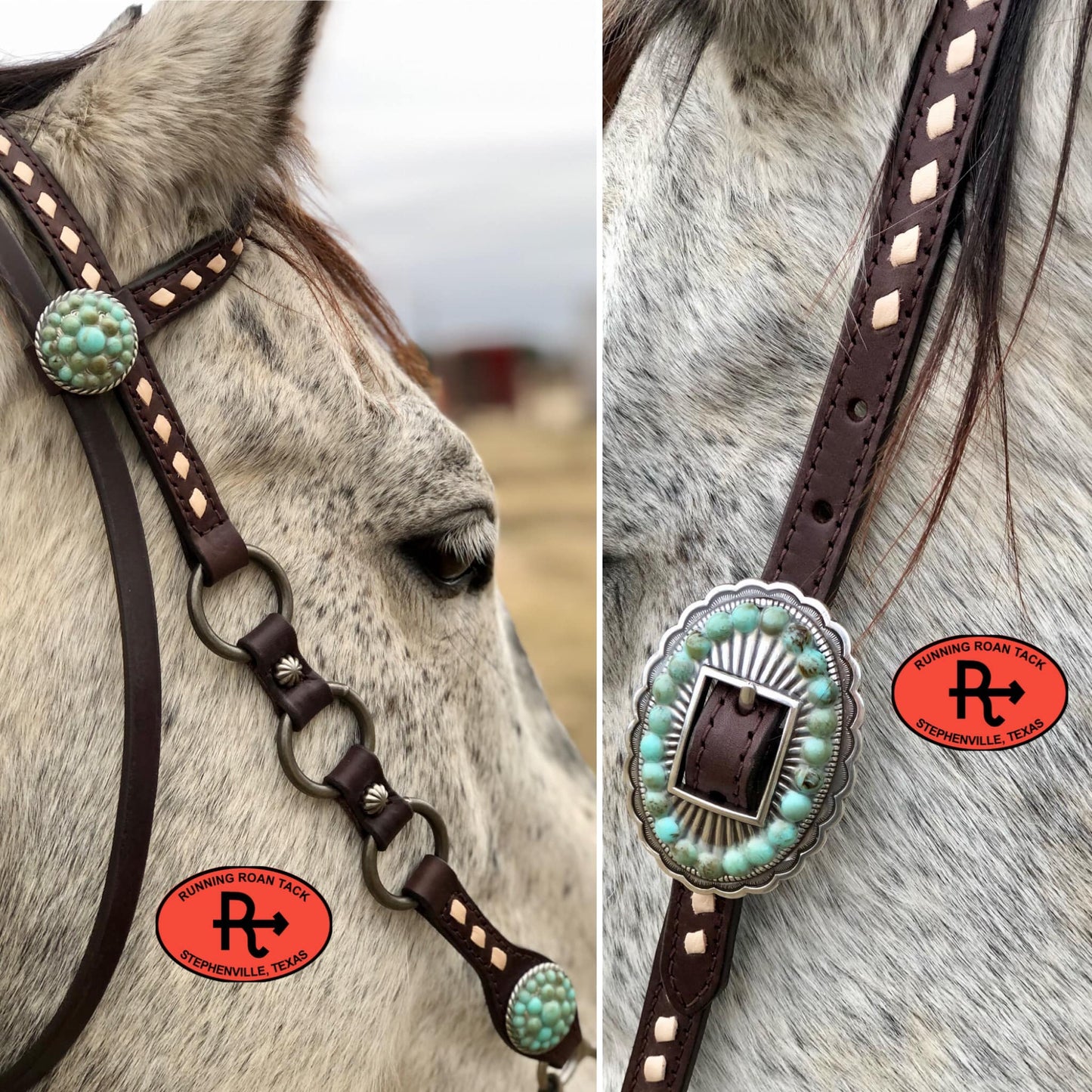 Single Ear with Throatlatch Ring Headstall with White Buckstitch and Turquoise Stone Hardware 38"-42"