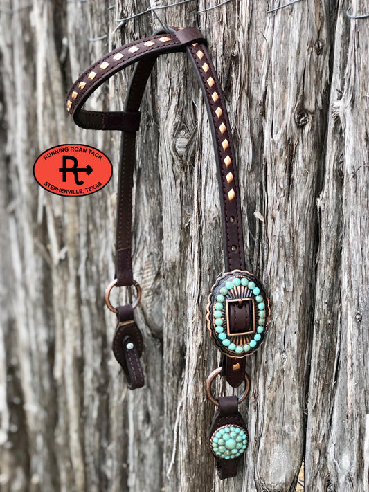 Single Ear Short Gag Ring Headstall with Copper Buckstitch and Turquoise Stone Hardware 33"-37"