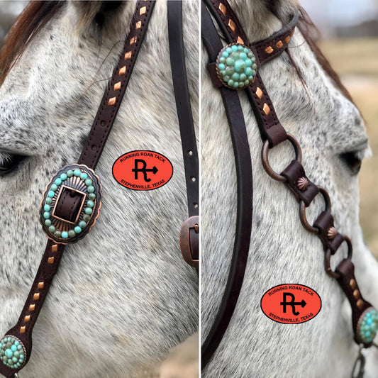 Single Ear with Throatlatch Ring Headstall with Copper Buckstitch and Turquoise Stone Hardware 38"-42"