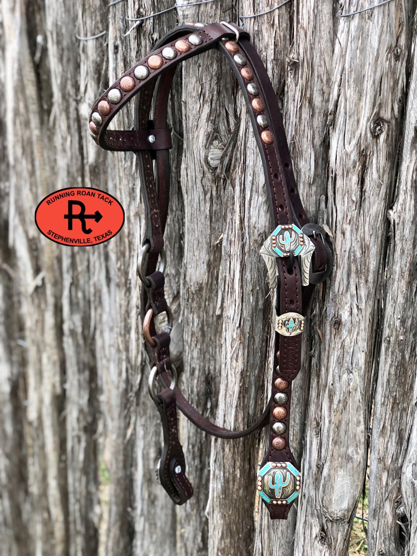 Single Ear with Throatlatch Ring Headstall with and German Silver Cactus Hardware 36"-40"