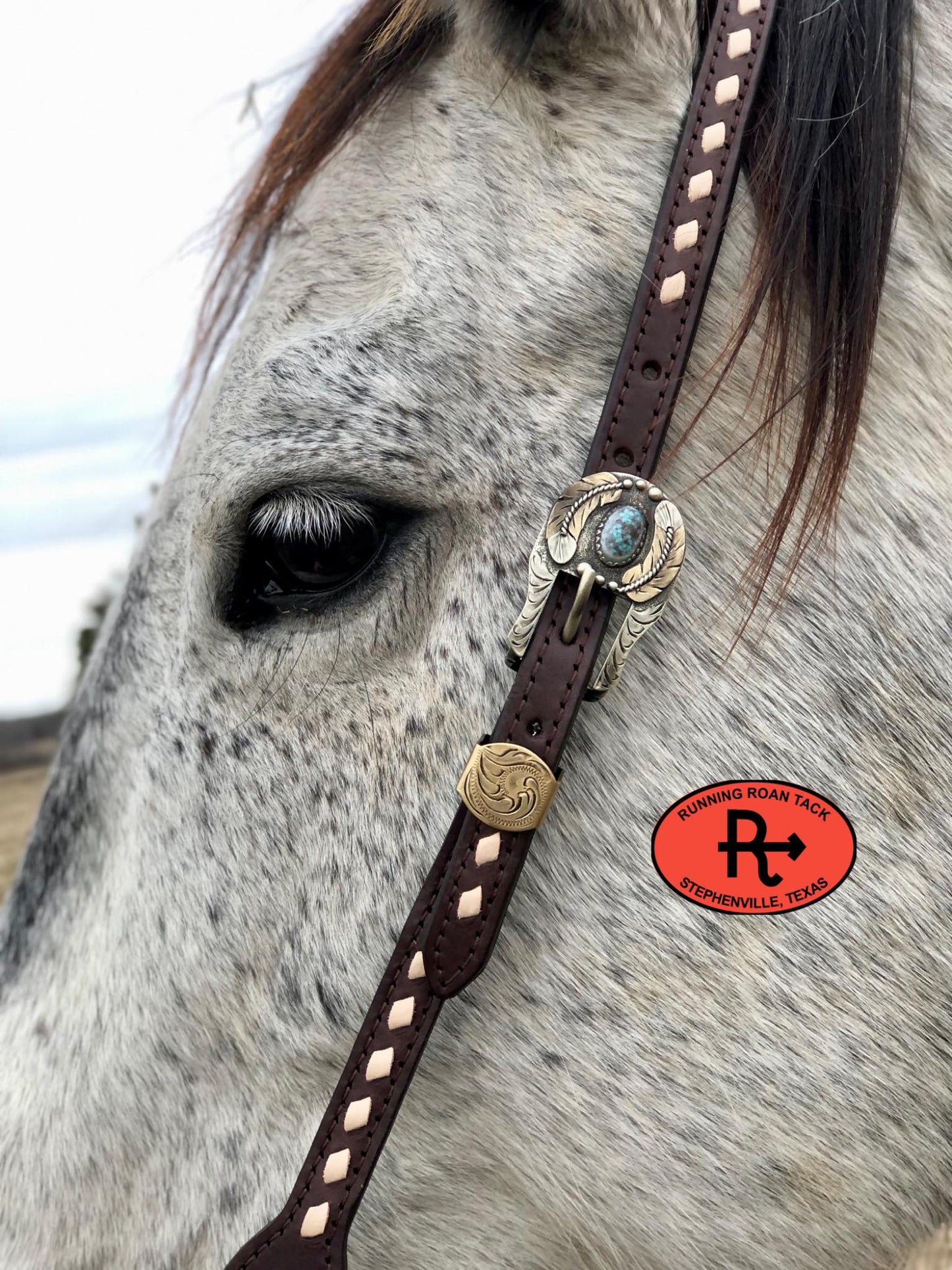 Single Ear Ring Headstall with White Buckstitch and German Silver Buckle 38"-42"