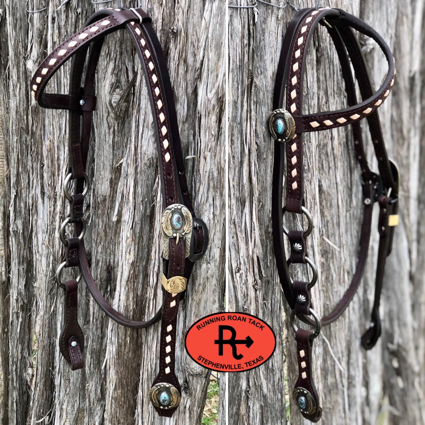 Single Ear with Throatlatch Ring Headstall with White Buckstitch and German Silver Hardware 39"-43"