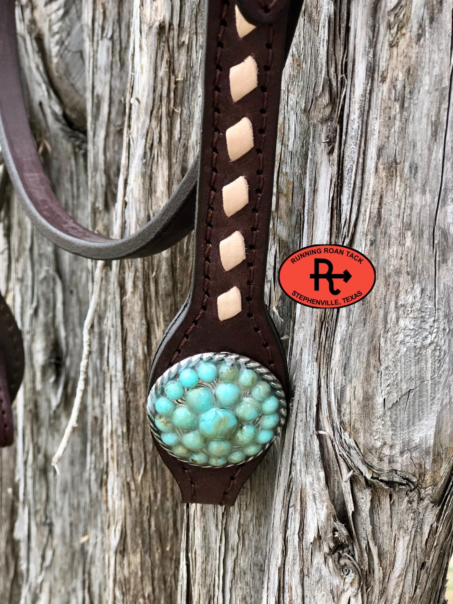 Single Ear with Throatlatch Ring Headstall with White Buckstitch and Turquoise Stone Hardware 38"-42"