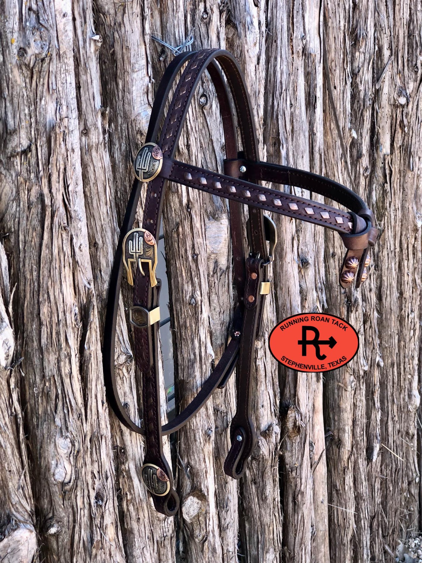 Futurity Knot Browband Headstall with Metallic Bronze Buckstitch and German Silver Cactus Hardware 36"-43"