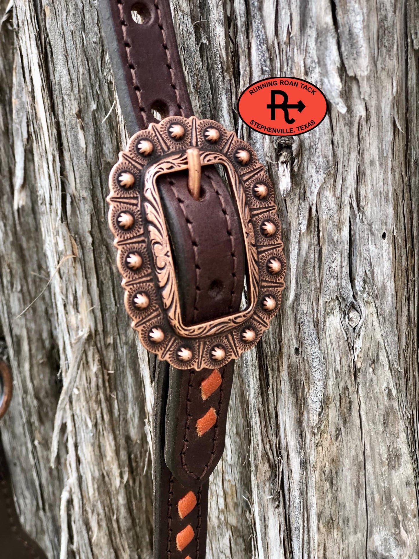 Single Ear Ring Headstall with Whisky Buckstitch and Copper Hardware 38"-42"