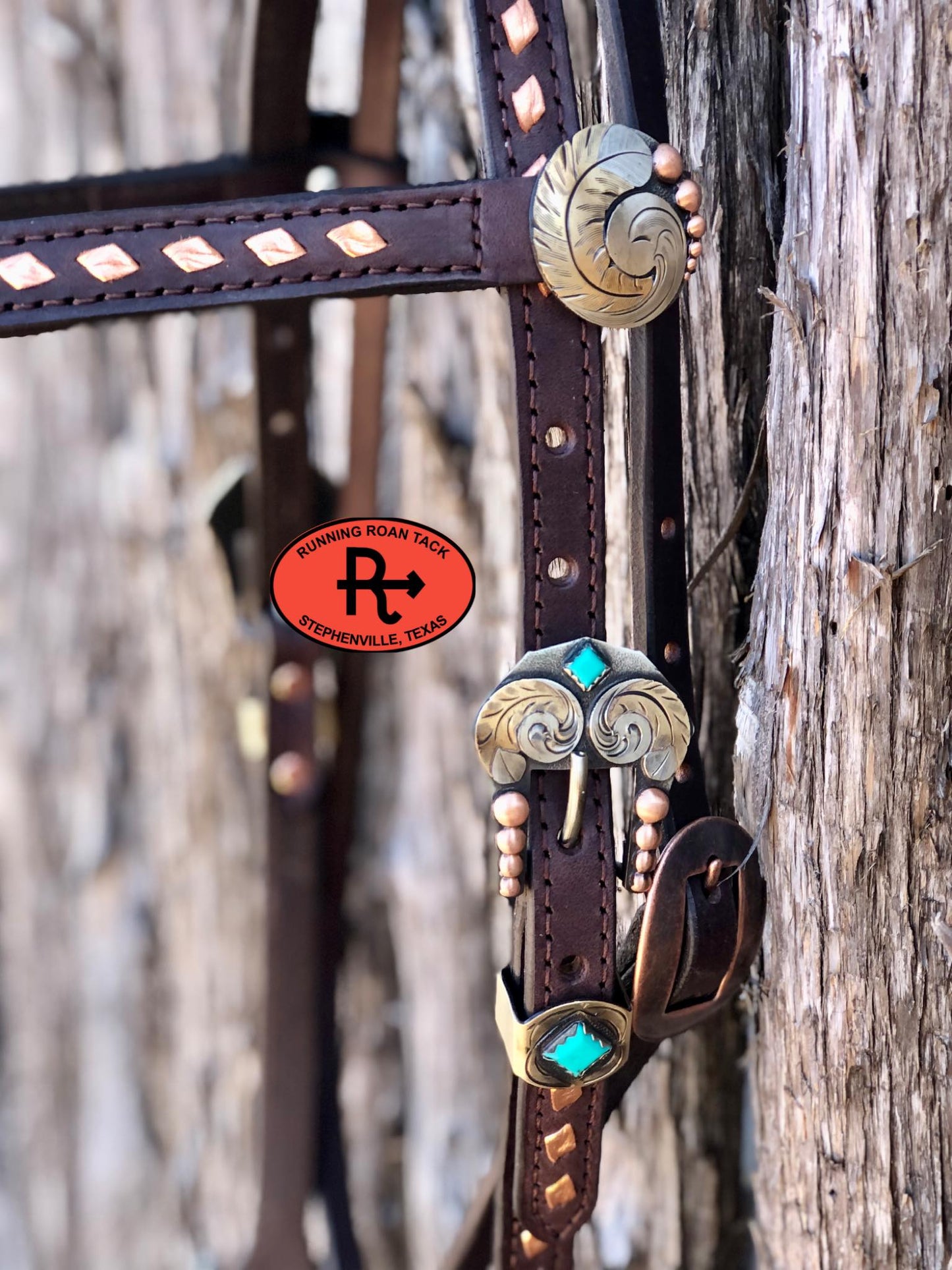 Futurity Knot Browband Headstall with Metallic Copper Buckstitch and German Silver Feather Hardware 36"-43"