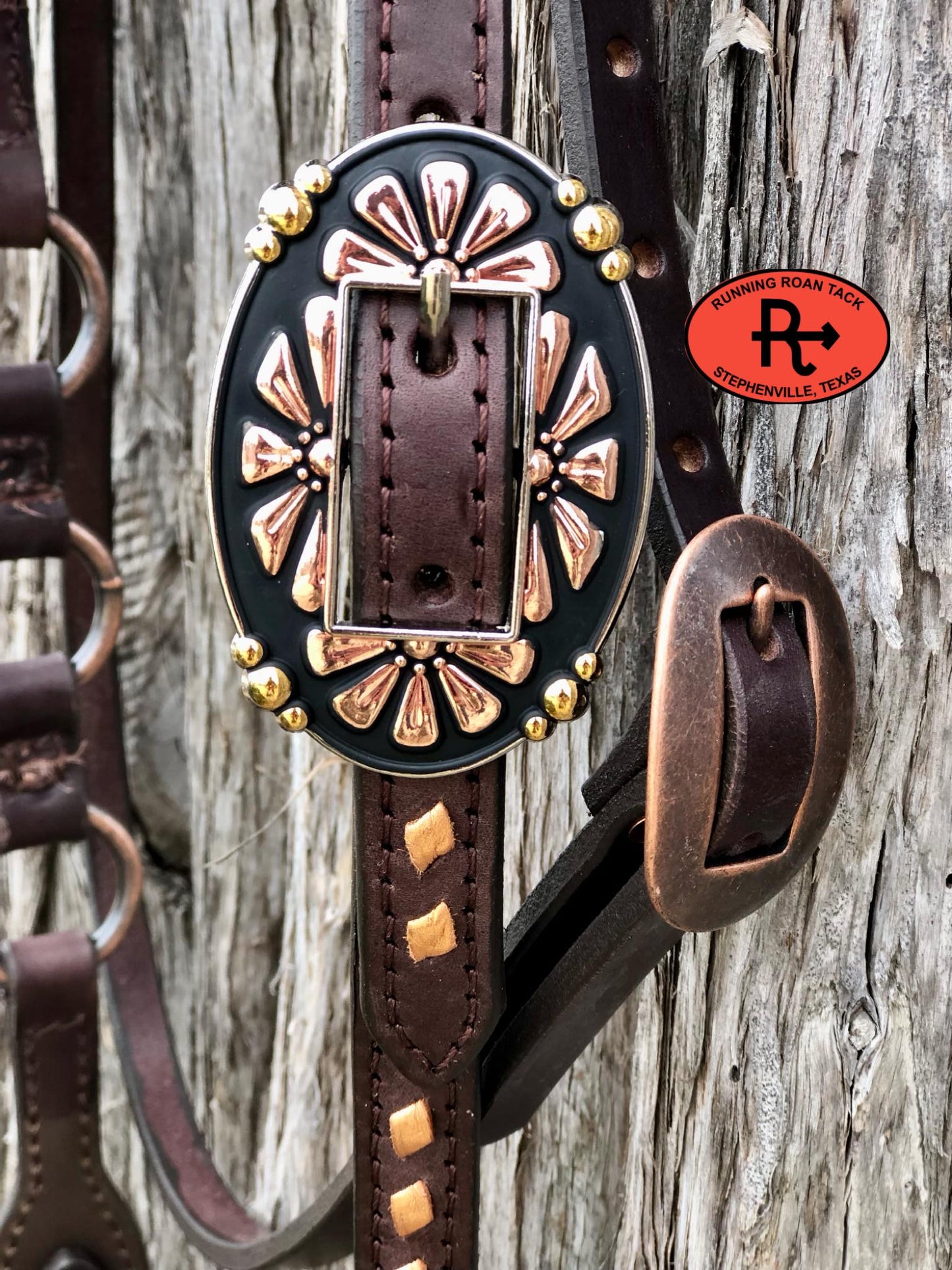 Single Ear with Throatlatch Ring Headstall with Copper Buckstitch and Tricolor Daisy Hardware 36"-40"