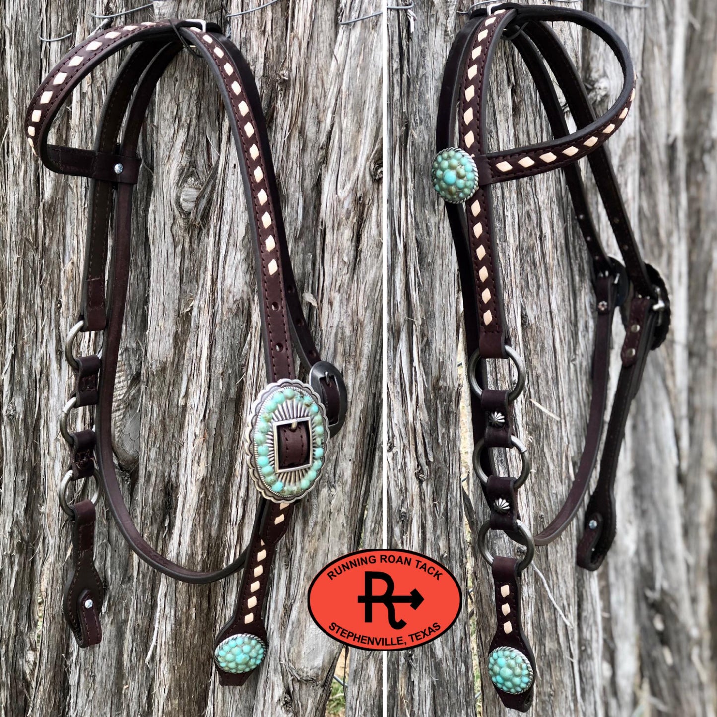 Single Ear with Throatlatch Ring Headstall with White Buckstitch and Turquoise Stone Hardware 38"-42"