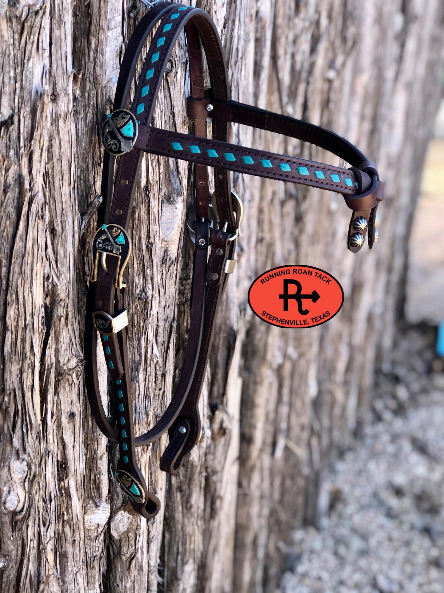 Futurity Knot Browband Headstall with Turquoise Buckstitch and German Silver Feather Hardware 36"-43"