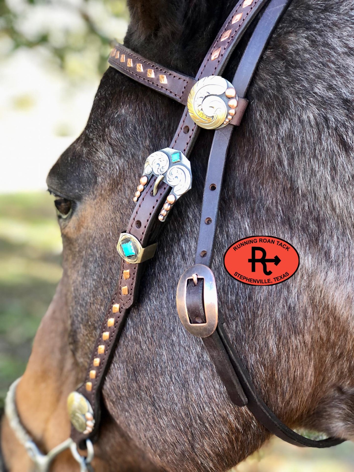 Futurity Knot Browband Headstall with Metallic Copper Buckstitch and German Silver Feather Hardware 36"-43"