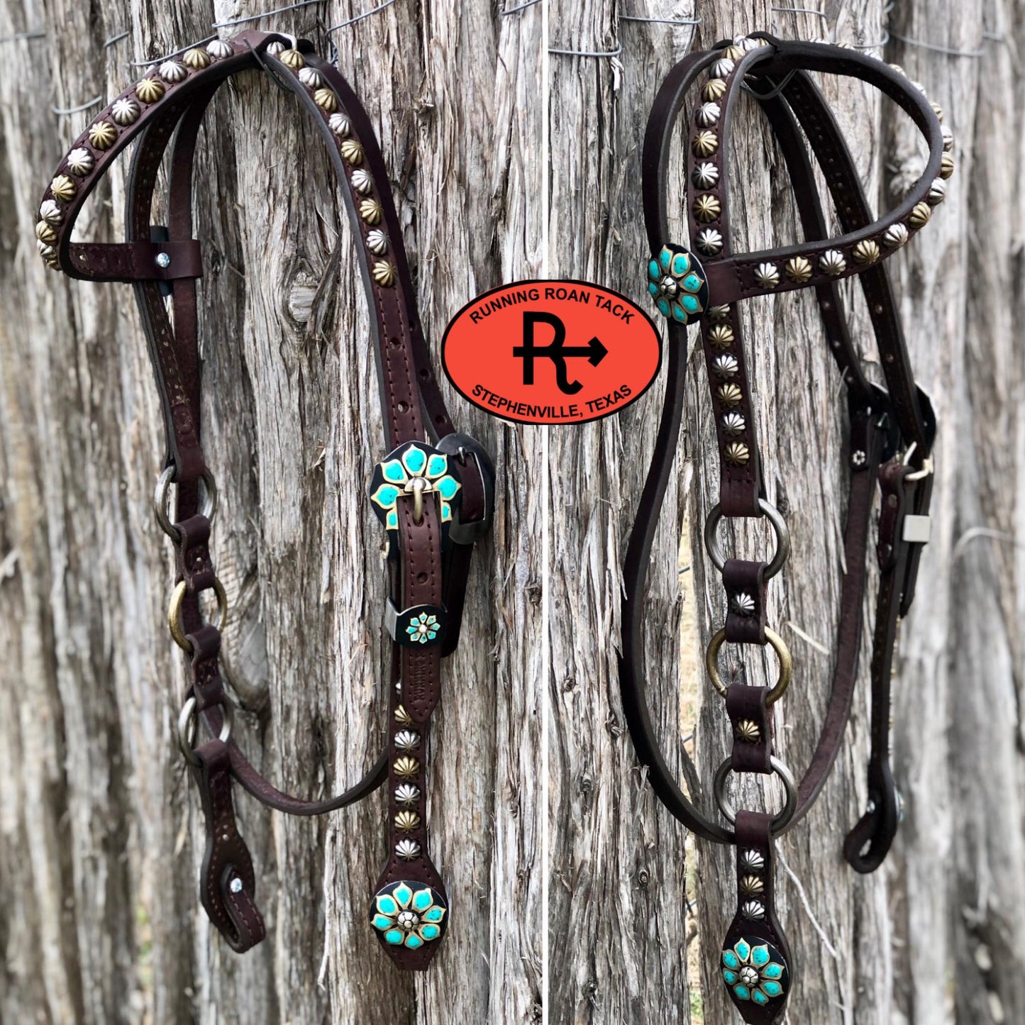 Single Ear with Throatlatch Ring Headstall with German Silver Turquoise Flower Hardware 36"-40"