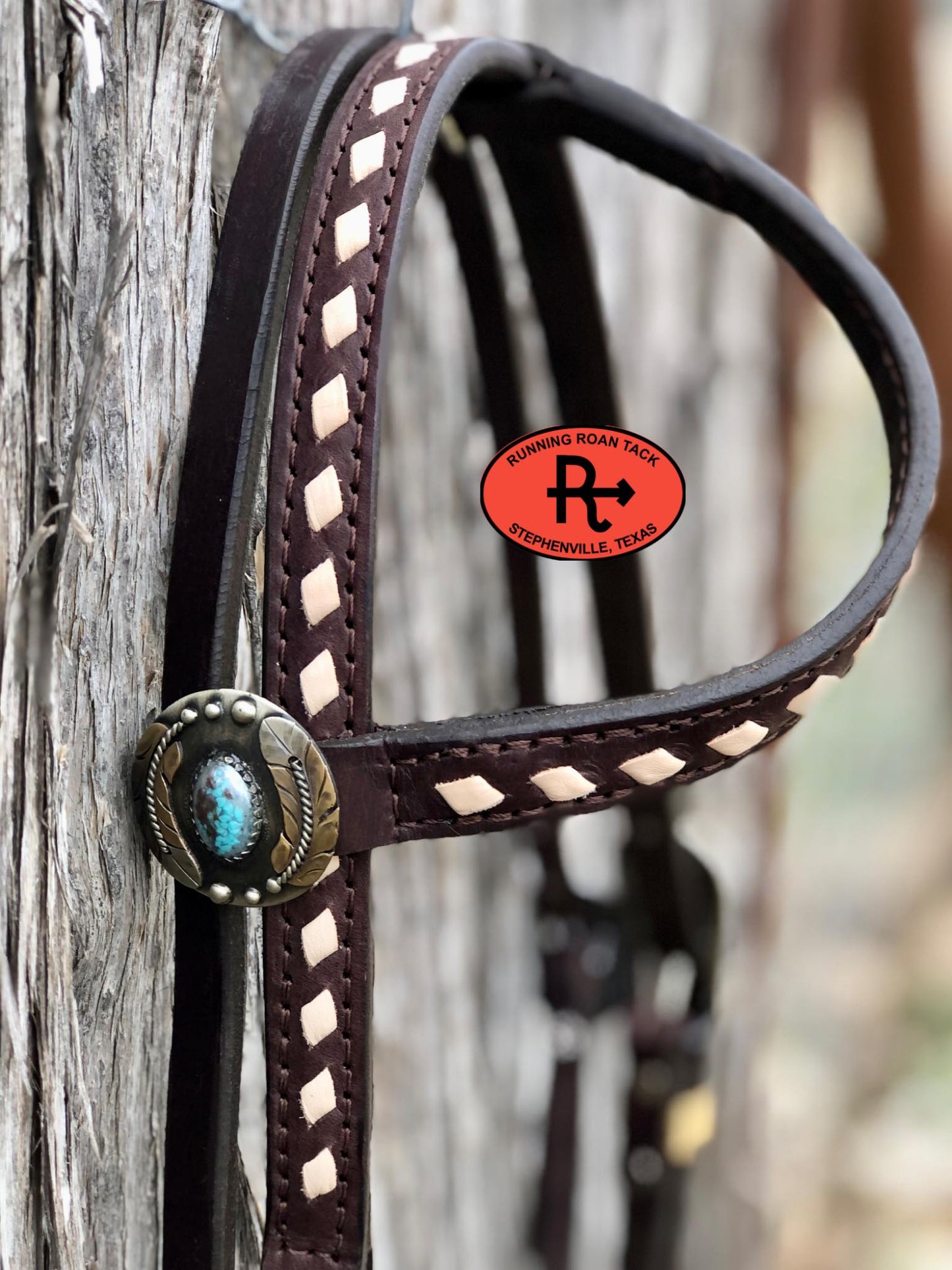 Single Ear with Throatlatch Ring Headstall with White Buckstitch and German Silver Hardware 39"-43"