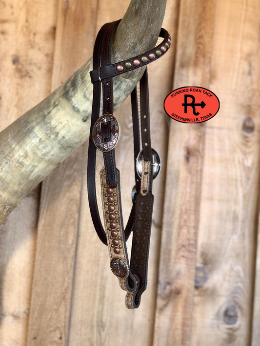 Single Ear with Throatlatch Headstall with Light Brindle Cowhide and Tricolor Desert Hardware 36"-43"