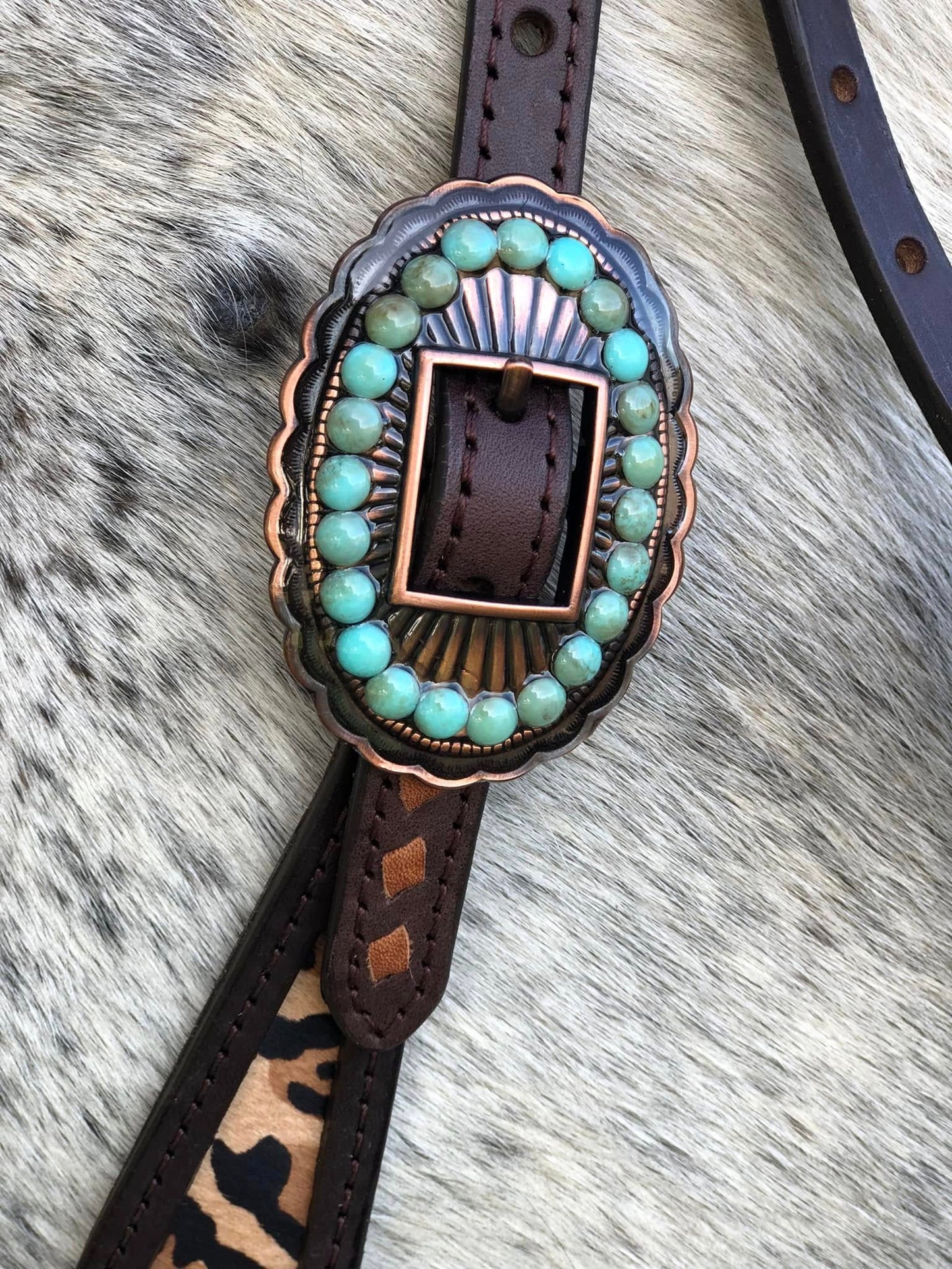 Futurity Knot Browband Headstall with Hair On Leopard, Tan Buckstitch and Faux Turquoise Hardware 36"-43"