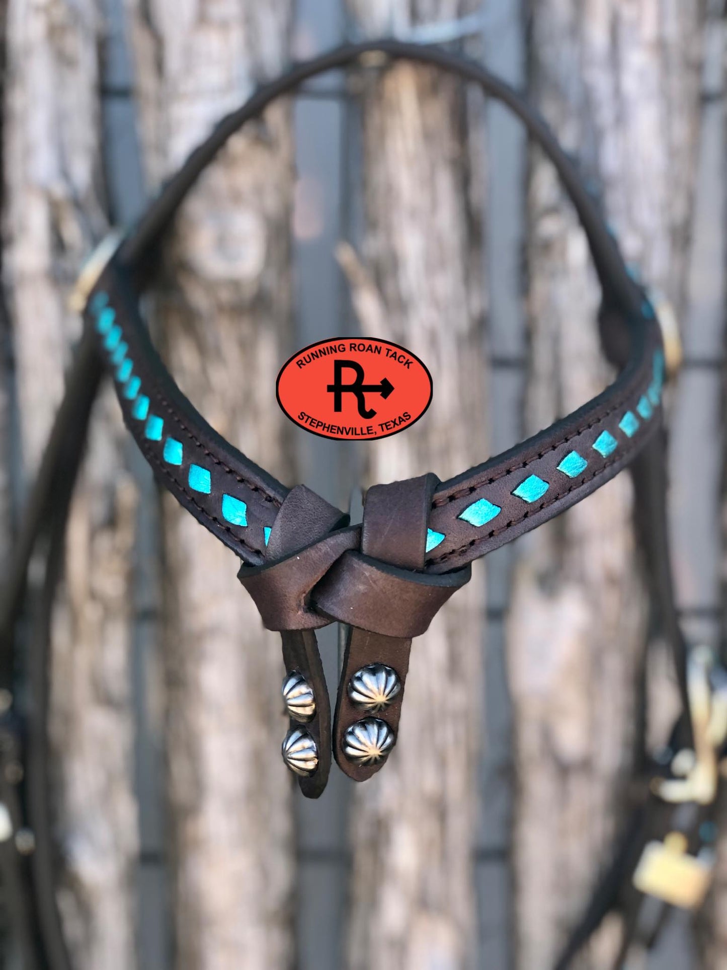 Futurity Knot Short Cheek Headstall with Metallic Aqua Buckstitch and German Silver Feather Hardware 29"-37"