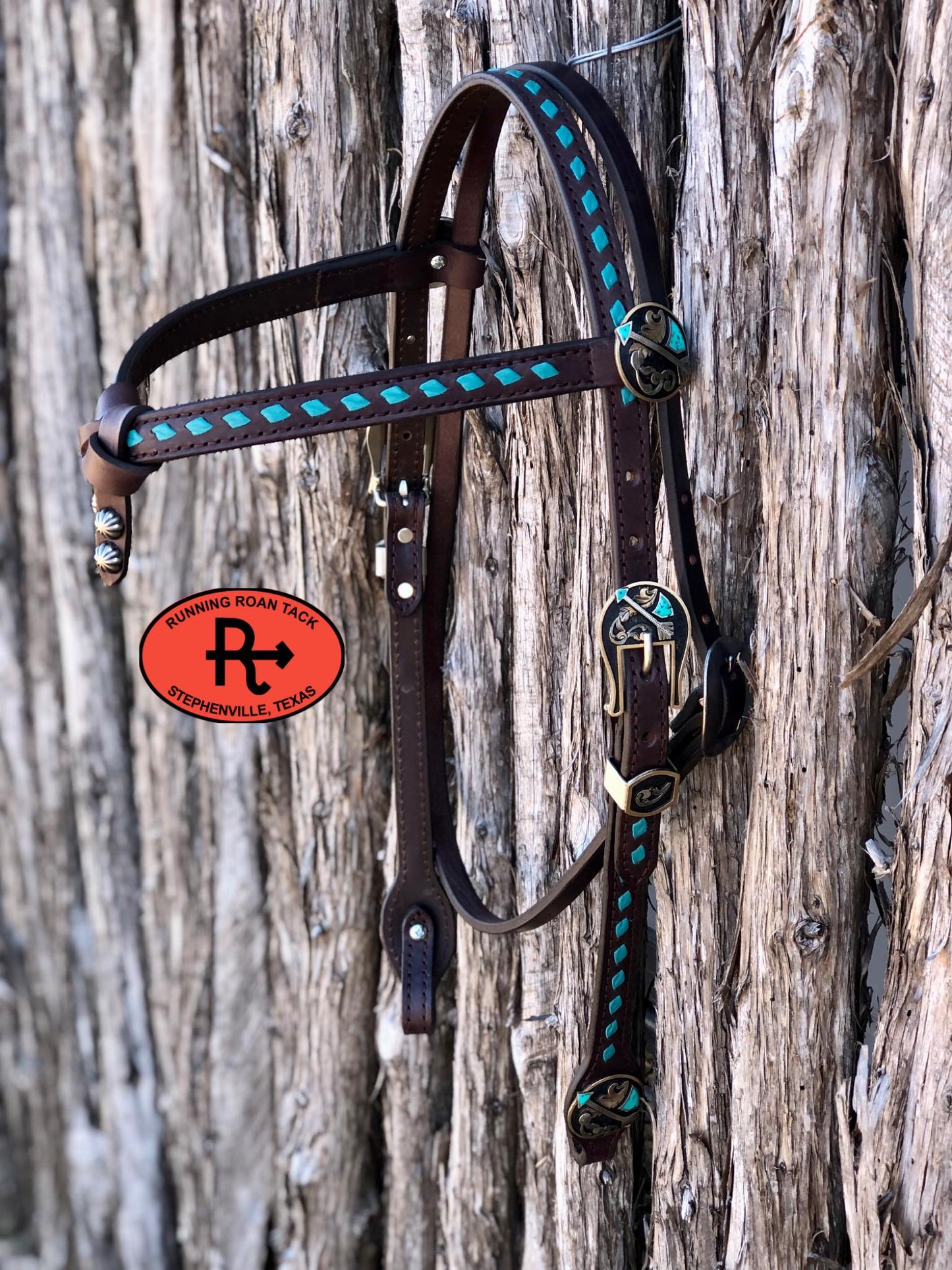 Futurity Knot Browband Headstall with Turquoise Buckstitch and German Silver Feather Hardware 36"-43"