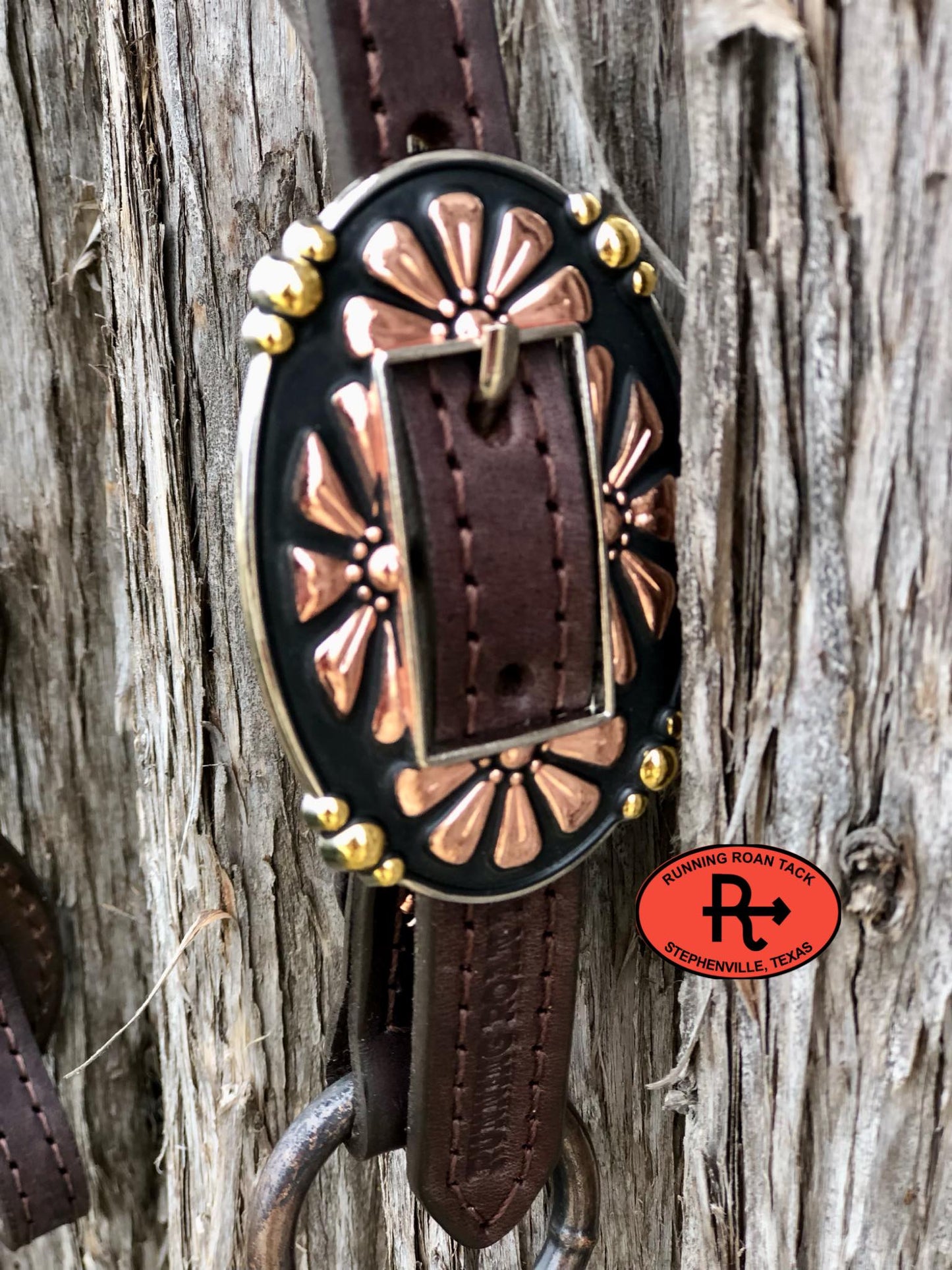 Single Ear Short Gag Ring Headstall with Copper Parachute Dots and Tricolor Daisy Hardware 30"-34"