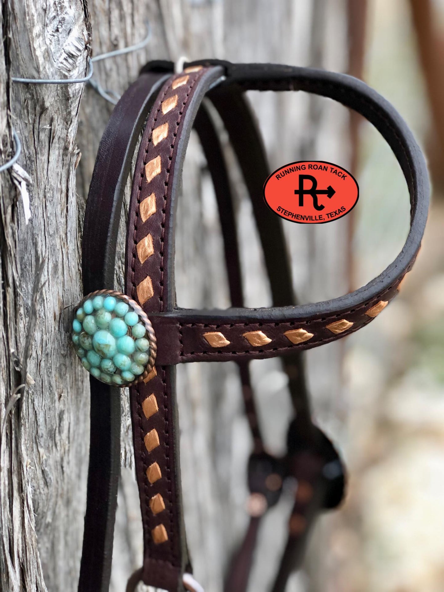 Single Ear with Throatlatch Ring Headstall with Copper Buckstitch and Turquoise Stone Hardware 38"-42"