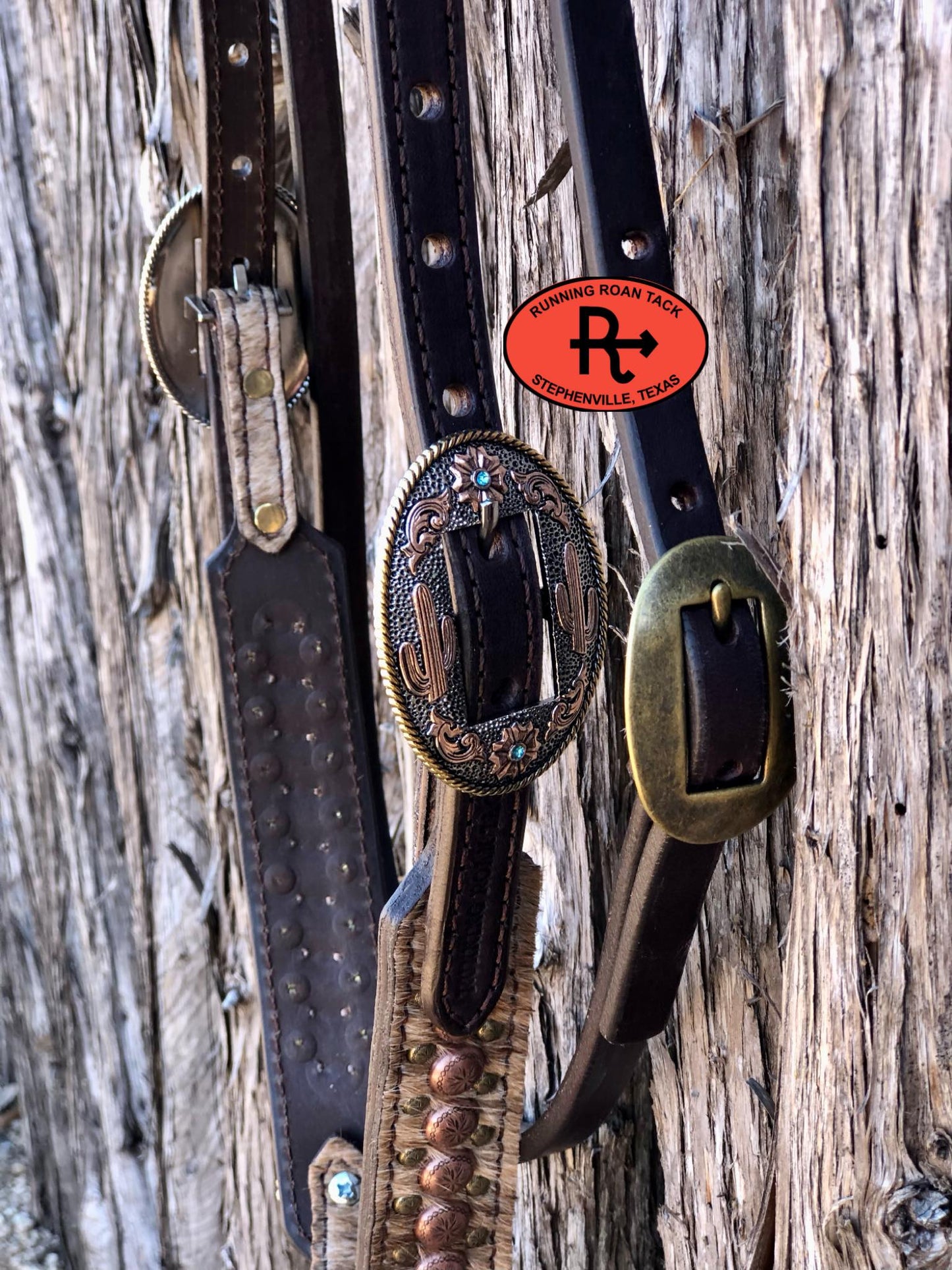 Single Ear with Throatlatch Headstall with Light Brindle Cowhide and Tricolor Desert Hardware 36"-43"