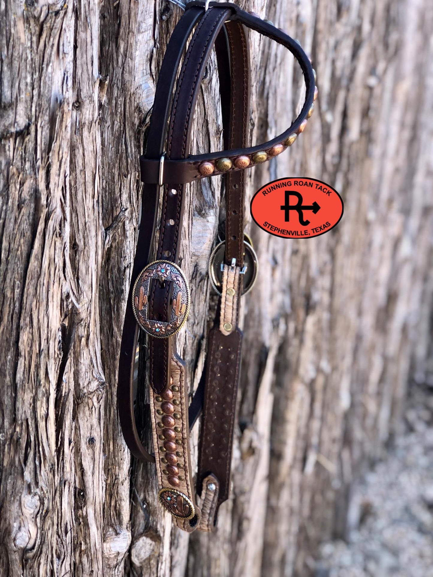 Single Ear with Throatlatch Headstall with Light Brindle Cowhide and Tricolor Desert Hardware 36"-43"