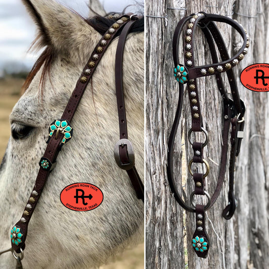 Single Ear with Throatlatch Ring Headstall with German Silver Turquoise Flower Hardware 36"-40"