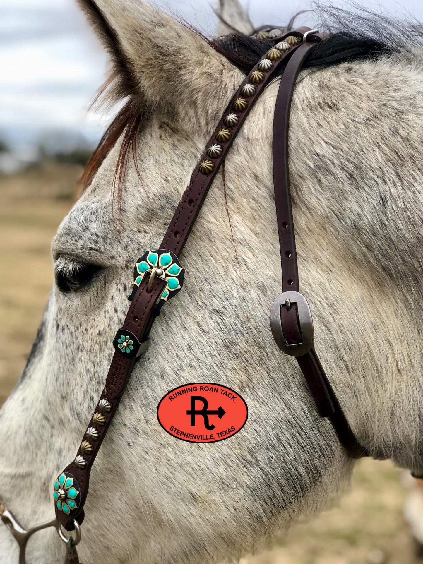 Single Ear with Throatlatch Ring Headstall with German Silver Turquoise Flower Hardware 36"-40"