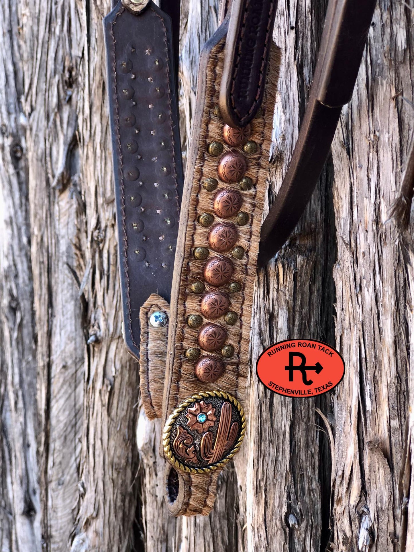 Single Ear with Throatlatch Headstall with Light Brindle Cowhide and Tricolor Desert Hardware 36"-43"