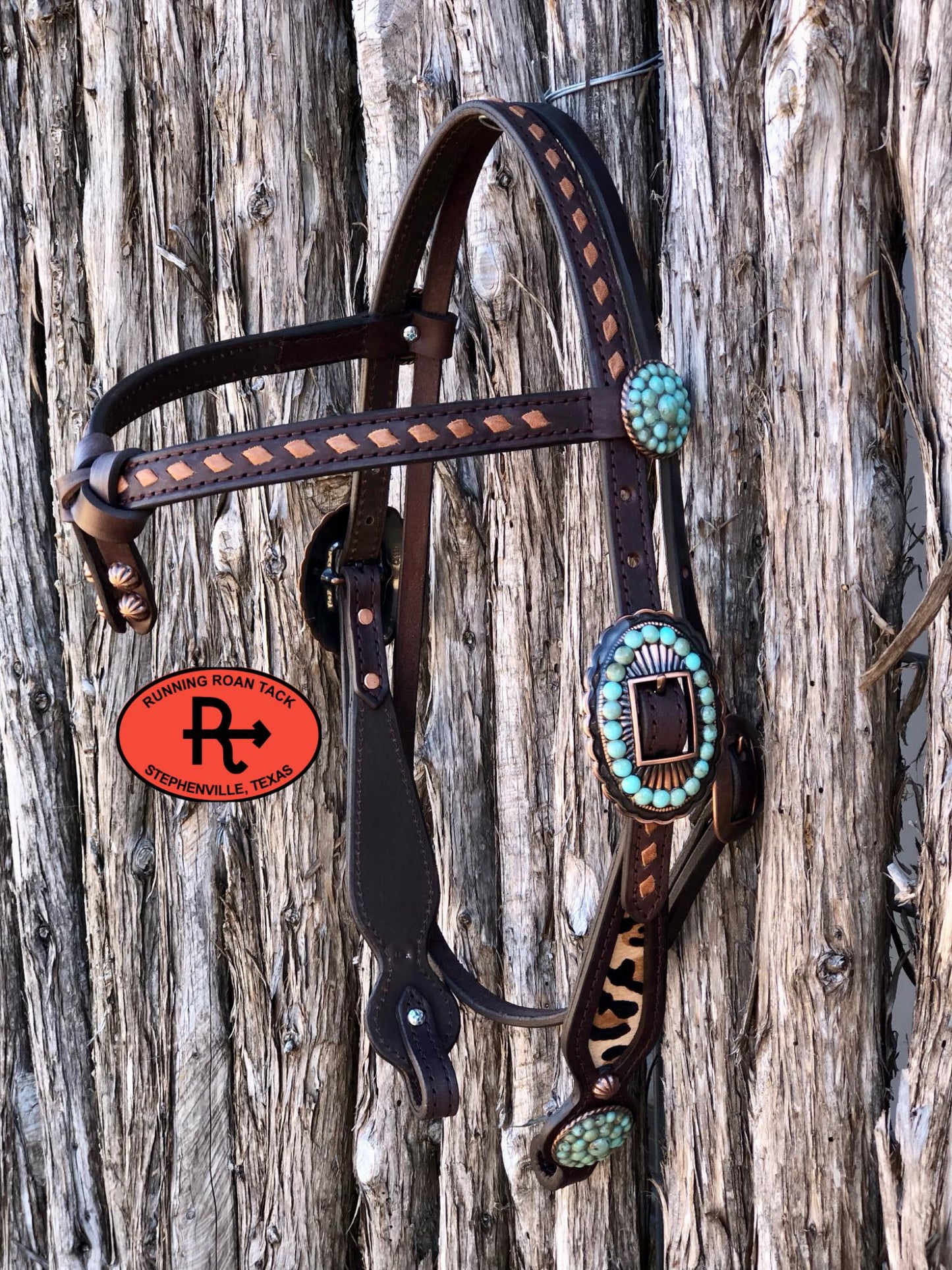 Futurity Knot Browband Headstall with Hair On Leopard, Tan Buckstitch and Faux Turquoise Hardware 36"-43"