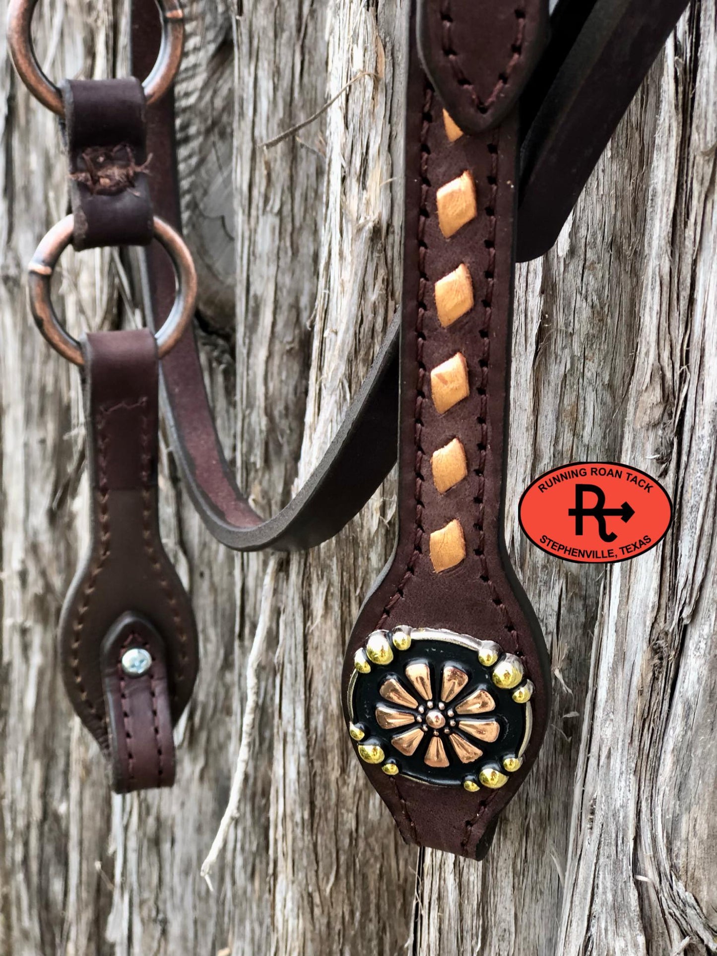 Single Ear with Throatlatch Ring Headstall with Copper Buckstitch and Tricolor Daisy Hardware 36"-40"