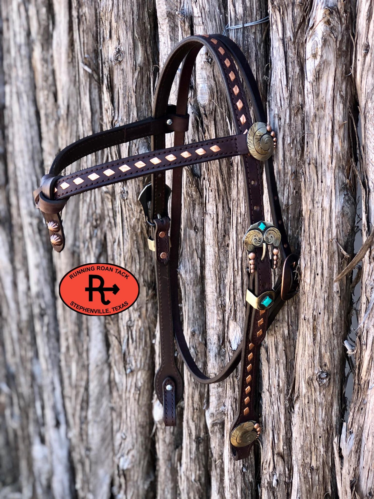 Futurity Knot Browband Headstall with Metallic Copper Buckstitch and German Silver Feather Hardware 36"-43"