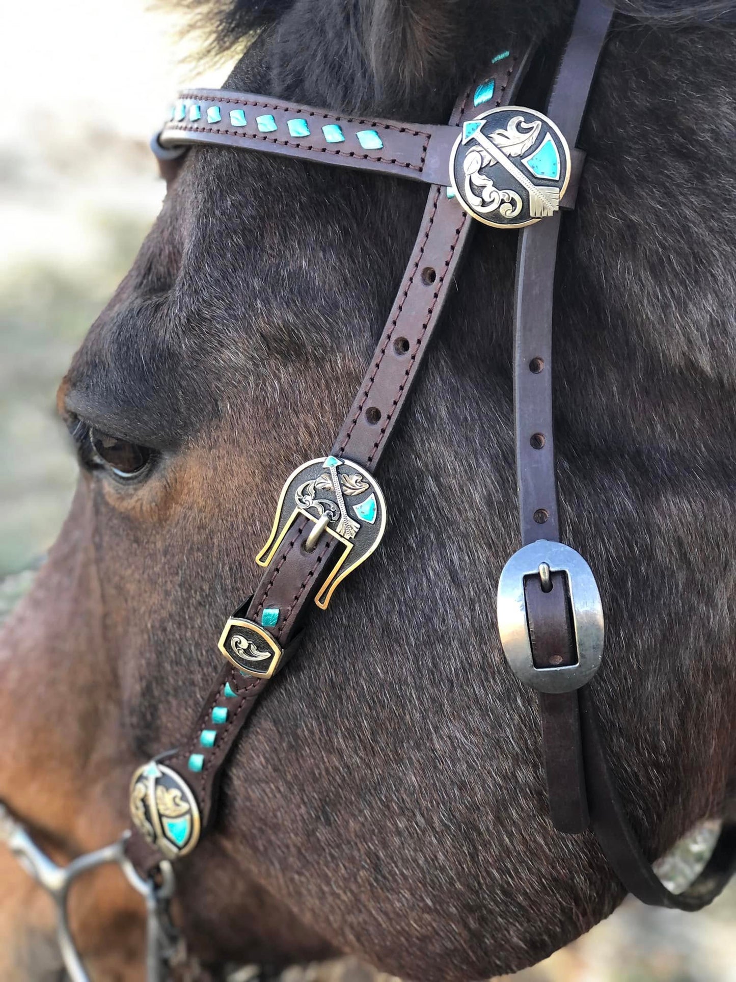 Futurity Knot Short Cheek Headstall with Metallic Aqua Buckstitch and German Silver Feather Hardware 29"-37"