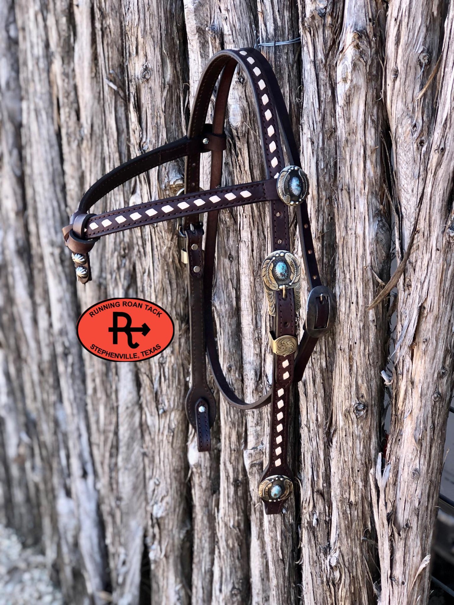 Futurity Knot Browband Headstall with White Buckstitch and German Silver Hardware 36"-43"