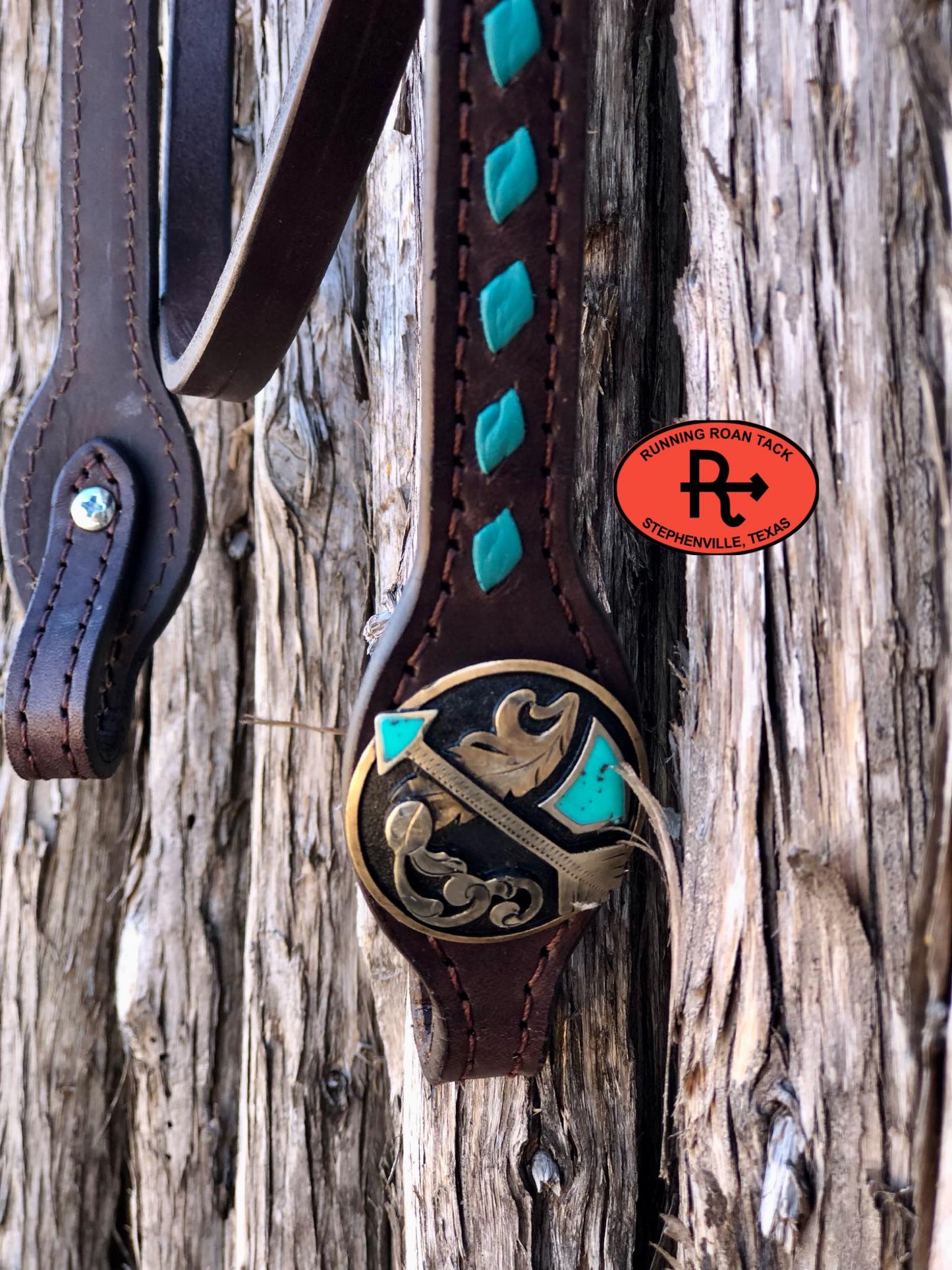 Futurity Knot Browband Headstall with Turquoise Buckstitch and German Silver Feather Hardware 36"-43"