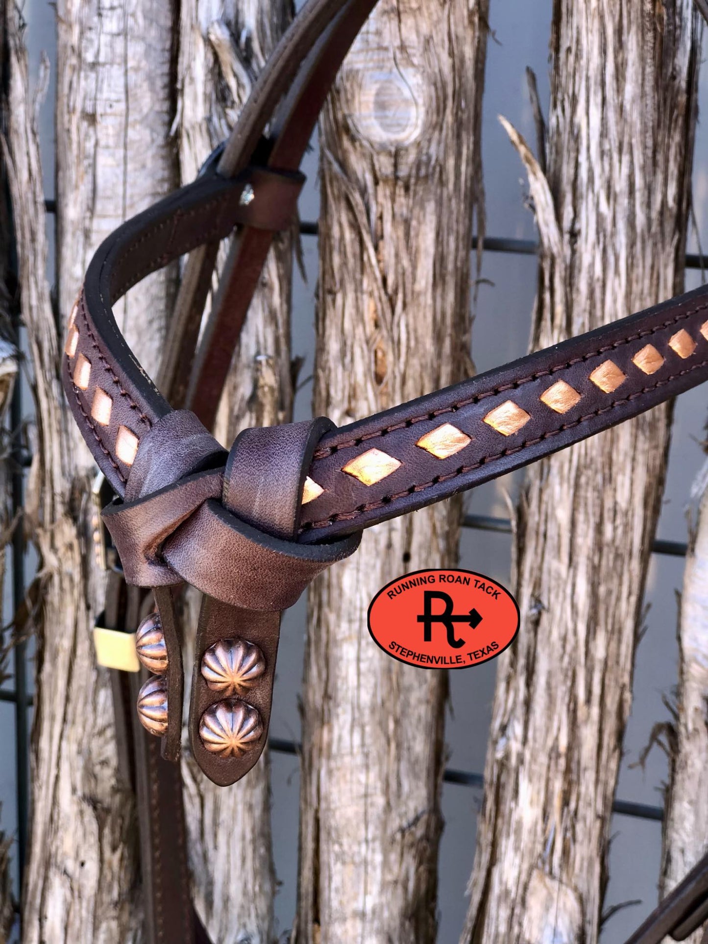 Futurity Knot Browband Headstall with Metallic Copper Buckstitch and German Silver Feather Hardware 36"-43"