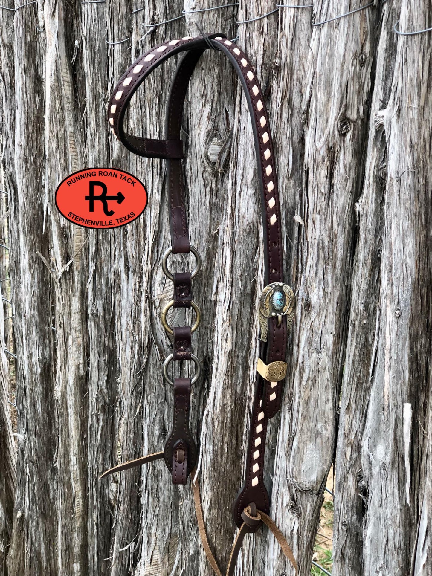 Single Ear Ring Headstall with White Buckstitch and German Silver Buckle 38"-42"