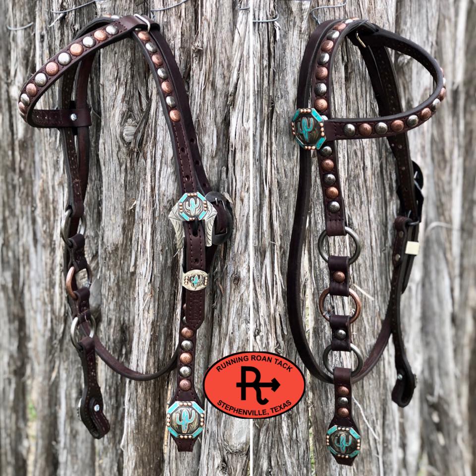 Single Ear with Throatlatch Ring Headstall with and German Silver Cactus Hardware 36"-40"