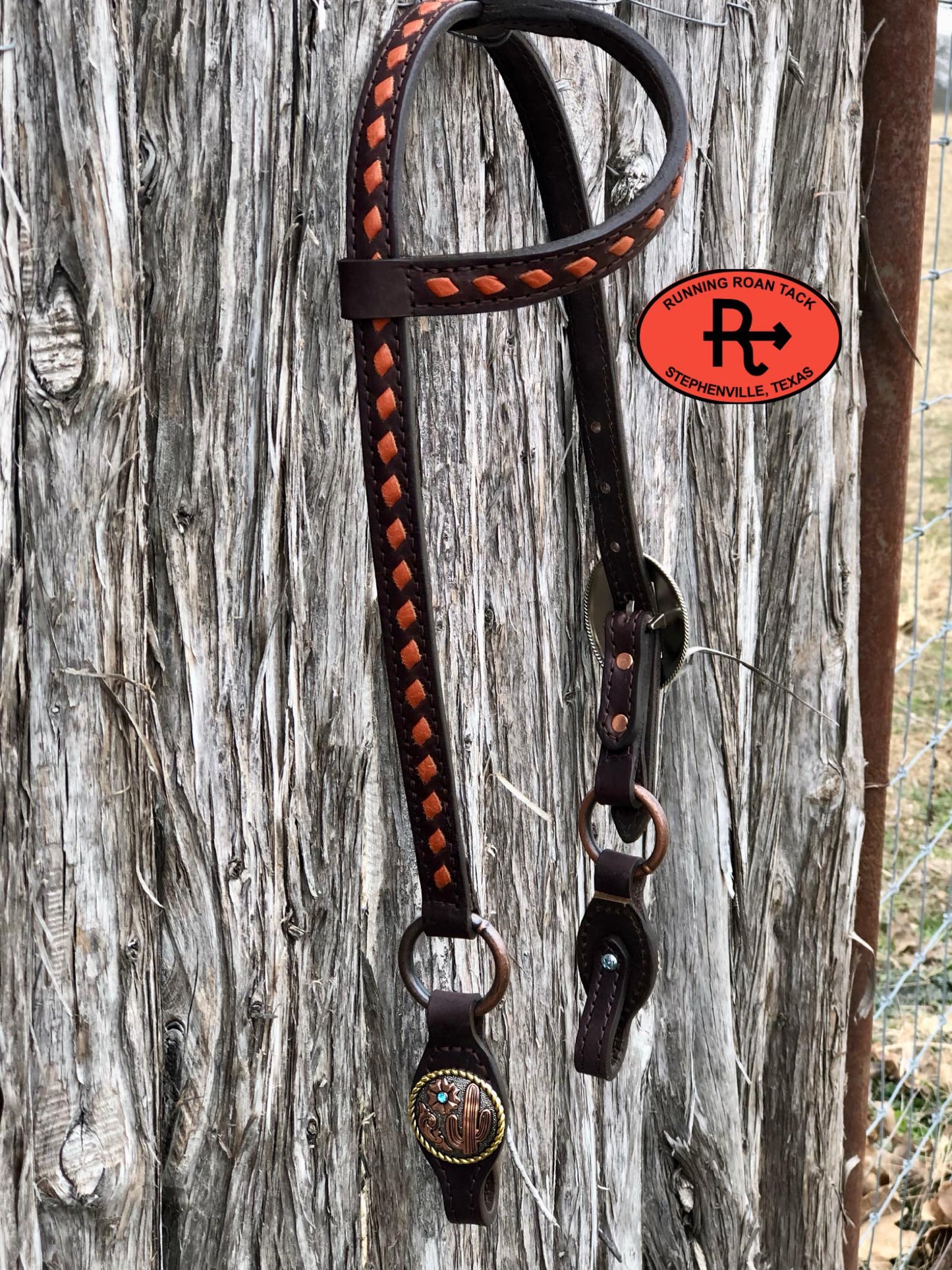 Single Ear Short Gag Ring Headstall with Whisky Buckstitch and Tricolor Desert Hardware 35"-39"