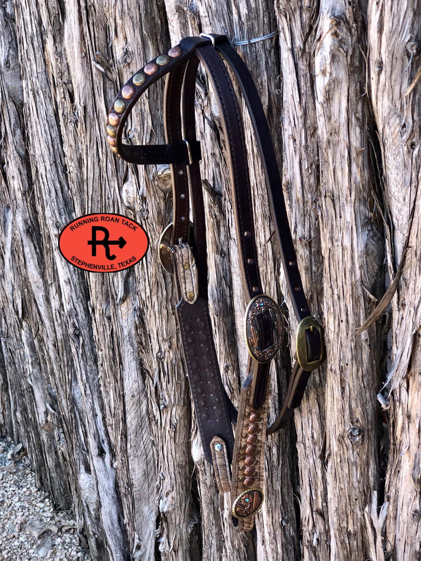 Single Ear with Throatlatch Headstall with Light Brindle Cowhide and Tricolor Desert Hardware 36"-43"